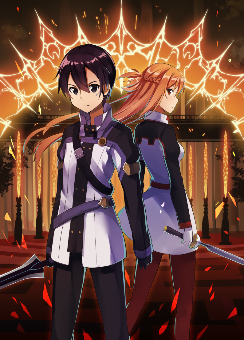 .com 1boy 1girl asuna_(sao) back-to-back black_eyes black_gloves black_hair black_pants brown_hair gloves hair_between_eyes holding holding_sword holding_weapon kirito lfoating_hair long_hair looking_at_viewer looking_back night outdoors pants red_eyes red_pants sword sword_art_online sword_art_online_the_movie:_ordinal_scale very_long_hair weapon white_gloves