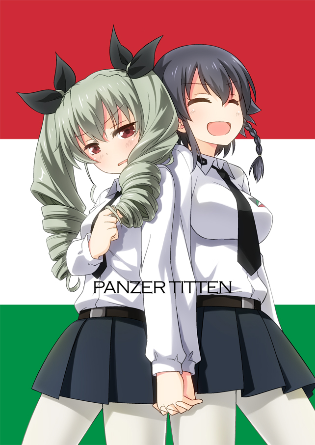 2girls :d ^_^ anchovy black_hair black_necktie black_ribbon black_skirt blush braid breasts closed_eyes drill_hair girls_und_panzer green_hair hair_ribbon hand_holding interlocked_fingers long_hair looking_at_viewer medium_breasts multiple_girls necktie open_mouth pantyhose pepperoni_(girls_und_panzer) red_eyes ribbon short_hair single_braid skirt smile twin_drills twintails umekichi white_legwear