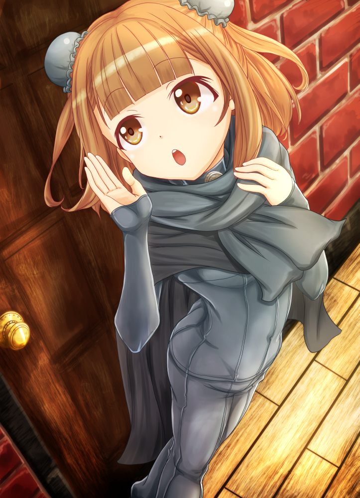 1girl bad_perspective bangs beatrice_(princess_principal) blunt_bangs brick_wall brown_eyes brown_hair bun_cover covered_navel door double_bun from_above grey_scarf hand_up mono9ron open_mouth princess_principal wooden_floor