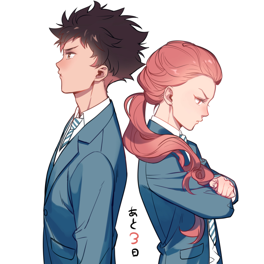 1boy 1girl 321wei arms_at_sides back-to-back ballroom_e_youkoso black_hair crossed_arms fujita_tatara hiyama_chinatsu long_hair necktie pocket ponytail red_eyes redhead standing striped striped_necktie suit_jacket