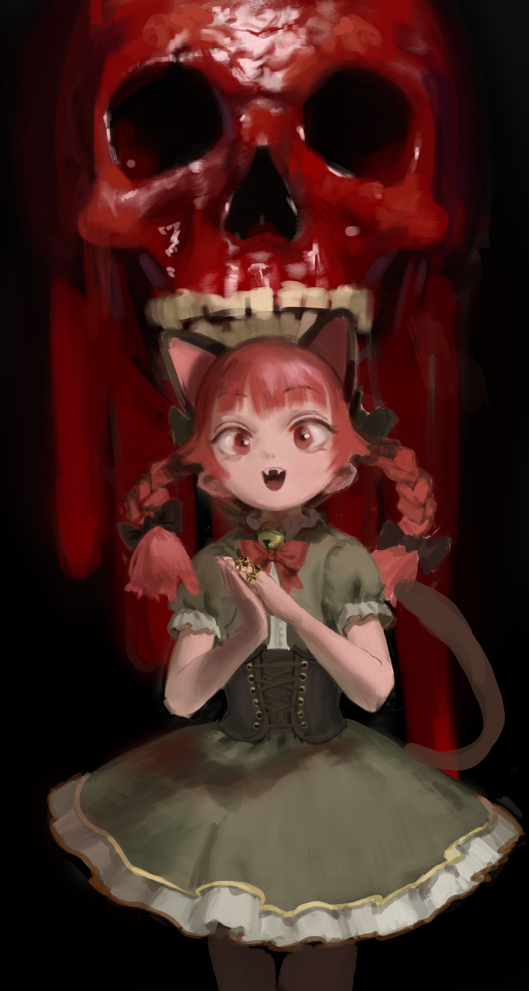 1girl animal_ears bangs bare_arms black_bow blunt_bangs bow cat_ears cat_tail corset cowboy_shot dress fangs green_dress hair_bow kaenbyou_rin looking_at_viewer oreoppi red_eyes redhead skull smile solo standing tail touhou twintails