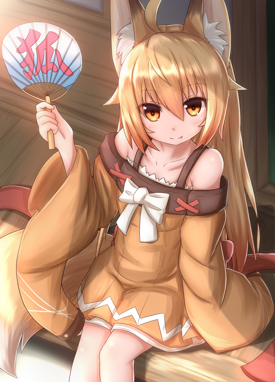 1girl ahoge animal_ears bangs bare_shoulders blonde_hair bow brown_eyes dress eyebrows_visible_through_hair fan fang fox_ears fox_tail highres holding holding_fan horokusa_(korai) korai_(horokusa) long_hair long_sleeves looking_at_viewer original paper_fan sitting smile solo tail uchiwa wide_sleeves wooden_floor