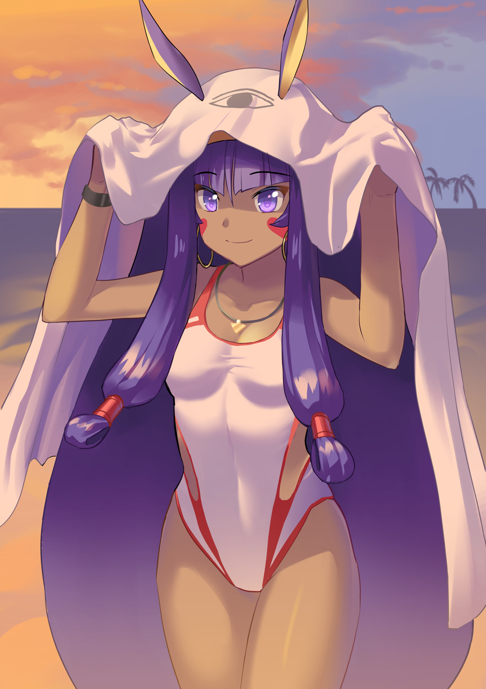 1girl animal_ears bangs beach blunt_bangs dark_skin evening eyebrows_visible_through_hair facial_mark fate/grand_order fate_(series) hairband highres long_hair looking_at_viewer medjed nitocris_(fate/grand_order) nitocris_(swimsuit_assassin)_(fate) one-piece_swimsuit outdoors purple_hair smile solo swimsuit tsuyohina very_long_hair violet_eyes