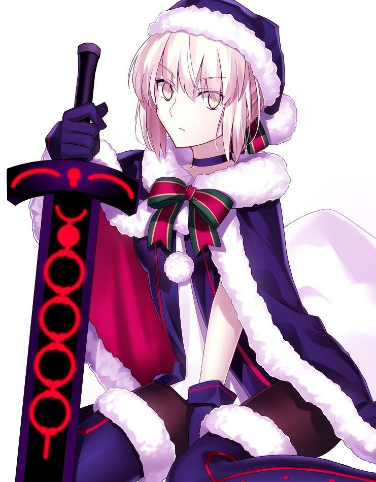 1girl artoria_pendragon_(all) between_legs black_legwear blue_boots blue_cape blue_gloves blue_hat blue_ribbon blue_santa_costume boots cape choker dark_excalibur eyebrows_visible_through_hair fur_trim gloves hair_between_eyes hair_ribbon hand_between_legs hat holding holding_sword holding_weapon looking_at_viewer minamina pantyhose ribbon ribbon_choker saber_alter santa_alter santa_boots santa_costume santa_hat short_hair silver_hair simple_background solo striped striped_ribbon sword thigh-highs thigh_boots weapon white_background yellow_eyes