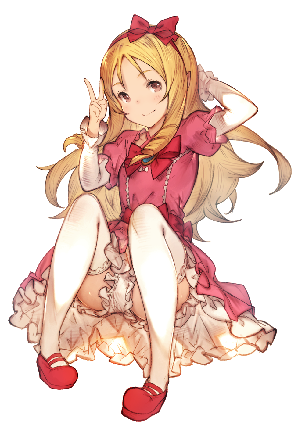 1girl arm_up bangs blonde_hair bloomers blush bow brown_eyes closed_mouth dress eromanga_sensei eyebrows_visible_through_hair frills full_body hair_bow hanarito hand_up highres knees_up long_hair long_sleeves looking_at_viewer mary_janes pink_dress puffy_sleeves red_bow red_shoes ringlets shoes simple_background sitting smile solo tareme thigh-highs thighs underwear v white_background white_legwear yamada_elf
