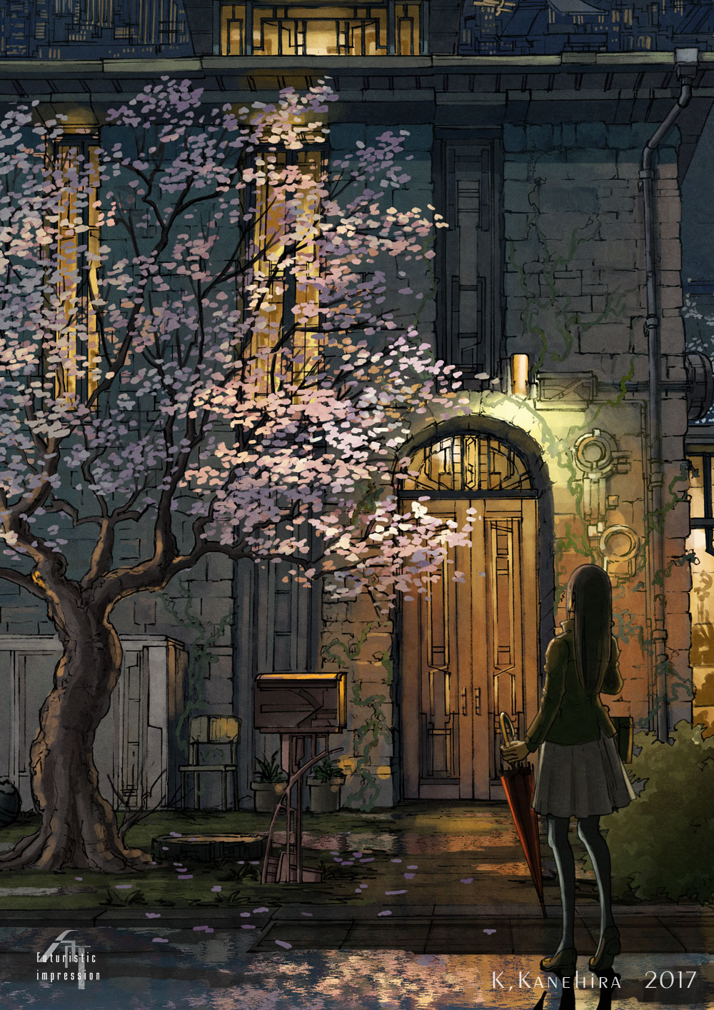 1girl bag black_hair building bush cherry_blossoms city dated door from_behind graphite_(medium) grass green_jacket grey_skirt highres holding holding_umbrella house jacket k_kanehira long_hair long_sleeves night original outdoors pantyhose plant pleated_skirt postbox puddle reflection road scenery shoes shoulder_bag signature skirt solo standing street traditional_media tree umbrella window
