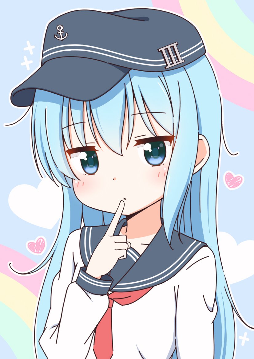 1girl black_hat blue_eyes blue_hair blush collarbone eyebrows_visible_through_hair finger_to_mouth hat heart hibiki_(kantai_collection) kantai_collection kurea_(a114019) looking_at_viewer neckerchief parted_lips red_neckerchief solo upper_body
