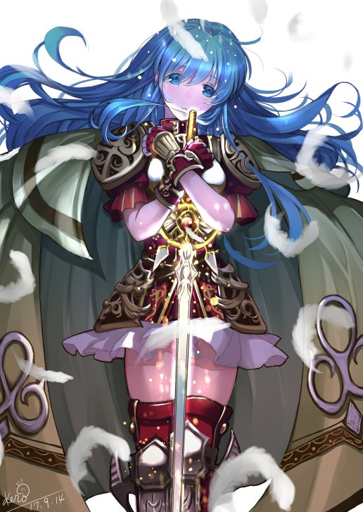 1girl blue_eyes blue_hair eirika fingerless_gloves fire_emblem fire_emblem:_seima_no_kouseki gloves holding holding_sword holding_weapon kero_sweet long_hair looking_at_viewer pauldrons simple_background skirt solo sword weapon