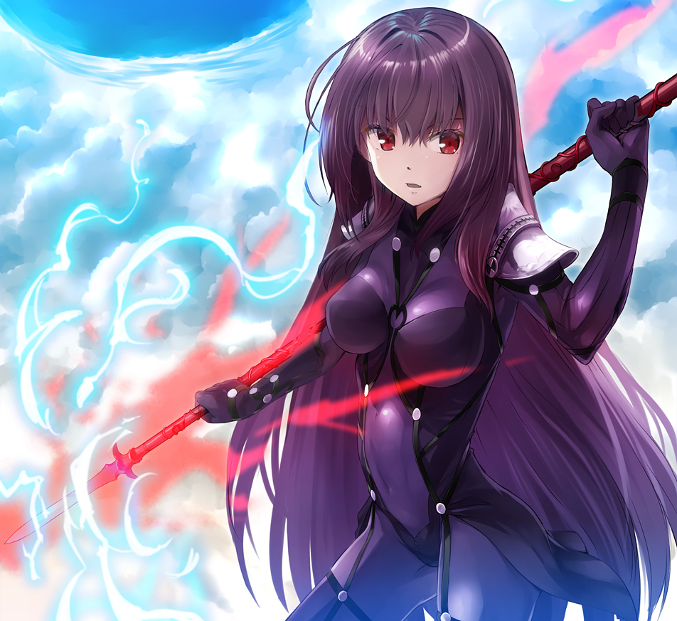 1girl bodysuit breasts breasts_apart covered_navel cowboy_shot fate/grand_order fate_(series) hair_between_eyes holding holding_weapon long_hair medium_breasts open_mouth polearm purple_hair red_eyes scathach_(fate/grand_order) solo spear standing very_long_hair weapon yone
