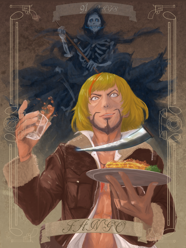 91_days alcohol blonde_hair character_name copyright_name death_(entity) facial_hair fango food gun holding holding_plate jacket leather leather_jacket male_focus open_clothes open_jacket phone plate rotary_phone scythe shakamuni smirk weapon