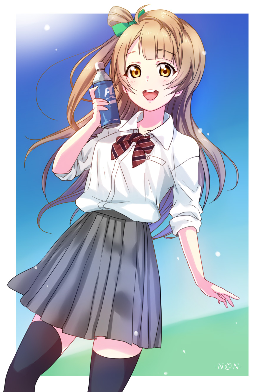 1girl blue_sky bottle bow brown_eyes brown_hair commentary_request eyebrows_visible_through_hair hair_ribbon highres holding holding_bottle long_hair looking_at_viewer love_live! love_live!_school_idol_project minami_kotori non_(nonzile) open_mouth pleated_skirt ponytail ribbon school_uniform skirt sky sleeves_rolled_up smile solo sun thigh-highs water_bottle zettai_ryouiki