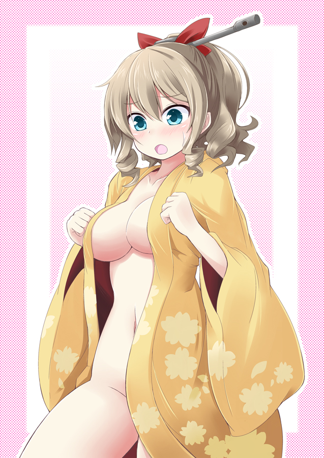 1girl blue_eyes blush bow breasts brown_hair cleavage commentary_request drill_hair floral_print hair_bow hakama hatakaze_(kantai_collection) ichimi japanese_clothes kantai_collection kimono light_brown_hair medium_breasts meiji_schoolgirl_uniform navel open_mouth ponytail solo sweatdrop wide_sleeves yellow_kimono