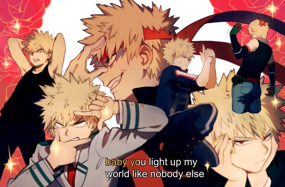 1boy angry armpits arms_up back bakugou_katsuki blonde_hair boku_no_hero_academia clenched_teeth cropped_legs denim elbow_gloves english explosive flower from_behind gloves grenade gwillarmy hairband half-closed_eyes hands_on_own_face jacket jeans long_sleeves lyrics necktie no_pupils pants pose red_eyes red_necktie red_rose rose school_uniform smile smirk solo_focus sparkle spiky_hair sweatdrop tank_top teeth text track_jacket track_pants