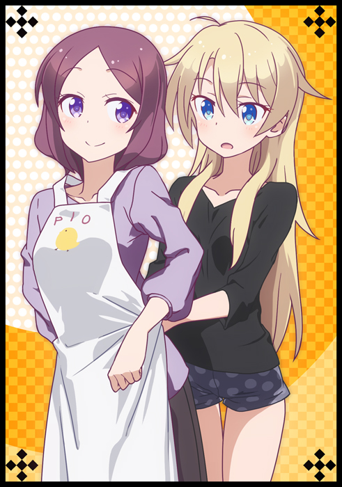 2girls apron black_shirt black_skirt blonde_hair blue_eyes blue_shorts brown_hair checkered checkered_background collarbone eyebrows_visible_through_hair hair_between_eyes long_hair multiple_girls new_game! open_mouth polka_dot polka_dot_background polka_dot_shorts purple_shirt shirt short_shorts shorts skirt smile tooyama_rin very_long_hair violet_eyes white_apron yagami_kou