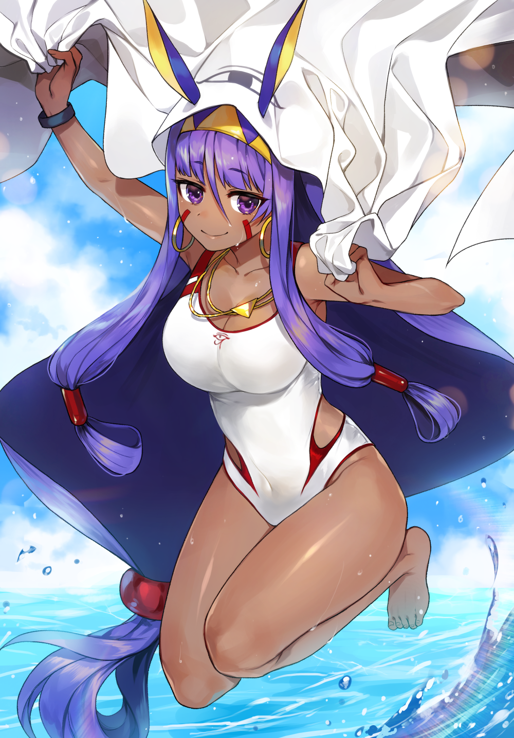 1girl animal_ears bangs barefoot blue_sky bracelet breasts closed_mouth collarbone commentary_request covered_navel dark_skin day earrings egyptian facial_mark fate_(series) full_body gijang hair_between_eyes hairband highres holding hoop_earrings jewelry jumping long_hair looking_at_viewer low-tied_long_hair medium_breasts necklace nitocris_(fate/grand_order) nitocris_(swimsuit_assassin)_(fate) outdoors purple_hair rabbit_ears sky smile solo swimsuit very_long_hair violet_eyes water white_swimsuit