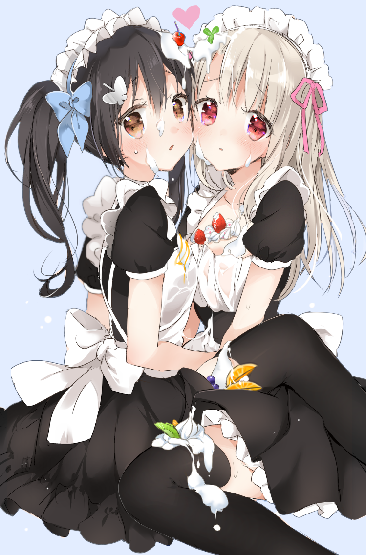2girls apron bangs black_dress black_hair black_legwear blonde_hair blue_background blue_hairband blue_ribbon blueberry blush bow breast_press breasts brown_eyes brown_hair butterfly_hair_ornament cherry closed_mouth commentary_request dress eyebrows_visible_through_hair face-to-face fate/kaleid_liner_prisma_illya fate_(series) food frilled_apron frills from_side fruit hair_between_eyes hair_ornament hair_ribbon hairband heart illyasviel_von_einzbern long_hair looking_at_viewer maid maid_apron maid_headdress miyu_edelfelt multiple_girls open_mouth orange orange_slice parted_lips pink_eyes pink_ribbon platinum_blonde puffy_short_sleeves puffy_sleeves red_eyes revision ribbon short_sleeves side_ponytail silver_hair simple_background sino_(sionori) sitting skindentation small_breasts smile spill strawberry sweatdrop symmetrical_docking tareme thigh-highs thighs twintails waist_apron wariza whipped_cream white_apron white_bow