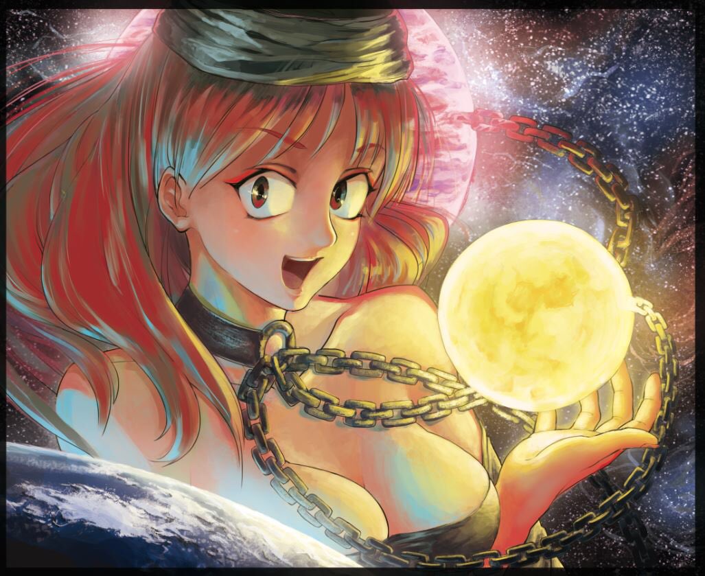 1girl azzie_(az_man_studios) bare_shoulders black_shirt breasts chains cleavage collar earth_(ornament) eyeshadow glowing hecatia_lapislazuli makeup medium_breasts moon_(ornament) off-shoulder_shirt off_shoulder open_mouth polos_crown red_eyes redhead shirt sky smile star star_(sky) starry_sky teeth touhou