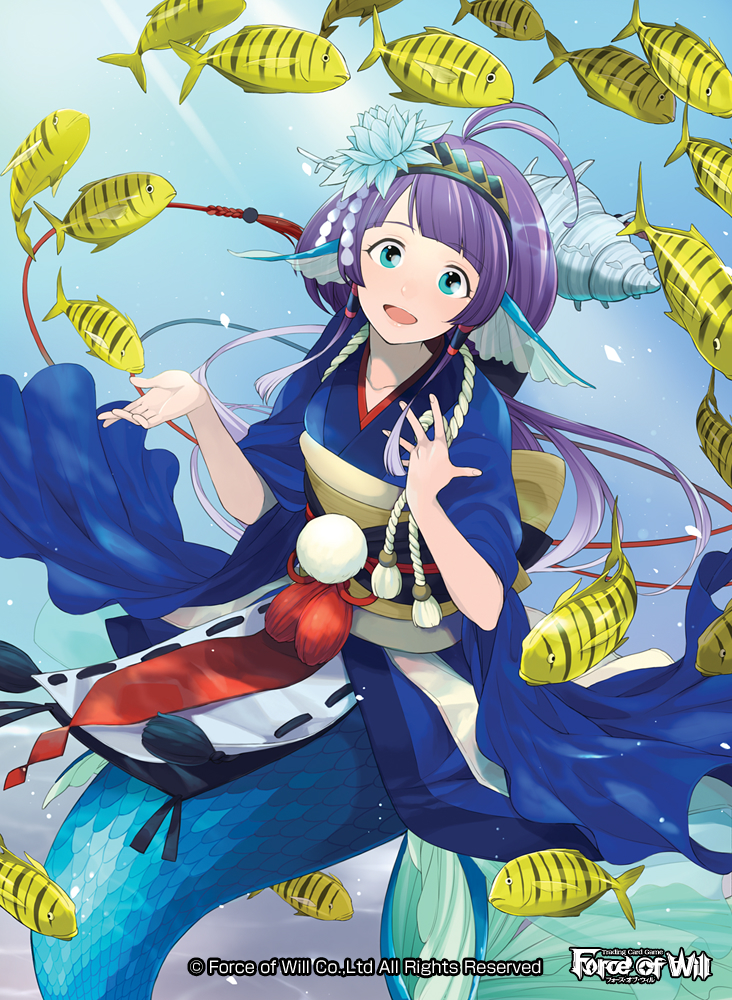 1girl ahoge aqua_eyes bubble copyright_name fish flower force_of_will hair_flower hair_ornament hairband head_fins japanese_clothes kimono long_hair mermaid monster_girl official_art open_mouth purple_hair solo underwater