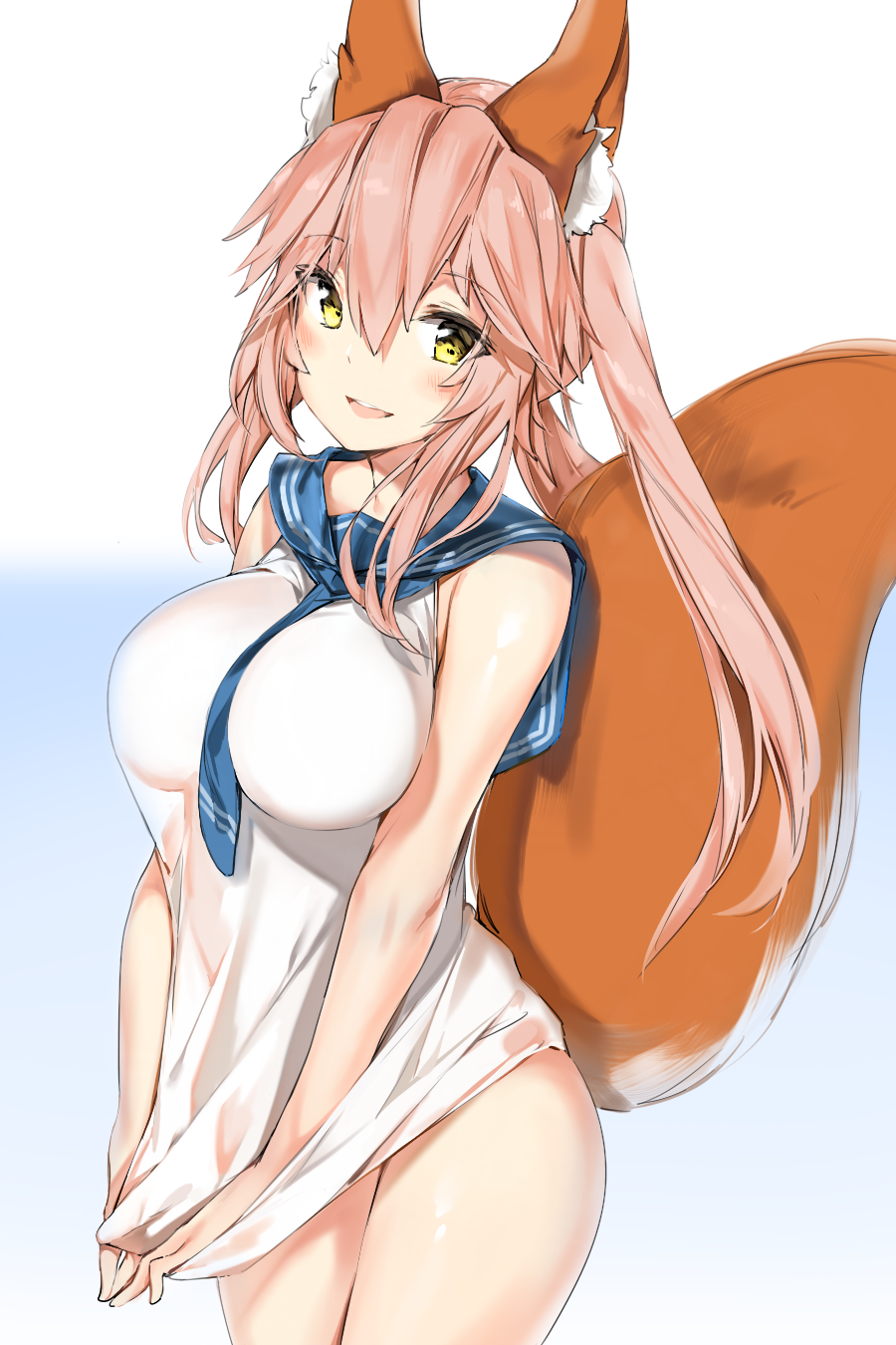 1girl animal_ears bangs blush breasts contrapposto cowboy_shot dress dress_pull eyebrows_visible_through_hair fate/extra fate_(series) fox_ears fox_tail gradient gradient_background hair_between_eyes highres large_breasts long_hair looking_at_viewer open_mouth pink_hair sailor_dress short_dress silver_(chenwen) sleeveless sleeveless_dress smile solo tail tamamo_(fate)_(all) tamamo_no_mae_(fate) teeth thighs tsurime twintails white_background white_dress yellow_eyes