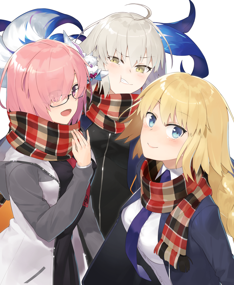 3girls :d ahoge black-framed_eyewear black_dress blonde_hair blue_eyes blue_neckwear cheek_poking closed_mouth dress fate/apocrypha fate/grand_order fate_(series) fou_(fate/grand_order) glasses grey_hair hair_over_one_eye hand_up hayashi_kewi hood hoodie jeanne_d'arc_(alter)_(fate) jeanne_d'arc_(fate) jeanne_d'arc_(fate)_(all) long_hair looking_at_viewer mash_kyrielight multiple_girls necktie on_shoulder open_clothes open_hoodie open_mouth pink_hair plaid plaid_scarf poking purple_neckwear scarf short_hair simple_background smile violet_eyes white_background yellow_eyes