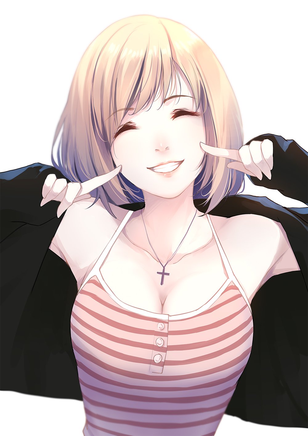 1girl bangs black_jacket blonde_hair breasts buttons caidychen cleavage closed_eyes commentary cross cross_necklace eyebrows_visible_through_hair facing_viewer grin head_tilt highres horizontal_stripes jacket jacket_on_shoulders jewelry long_sleeves medium_breasts necklace open_clothes open_jacket original parted_lips pointing pointing_at_self red_shirt shirt short_hair simple_background sleeves_past_wrists smile solo striped striped_shirt teeth white_background