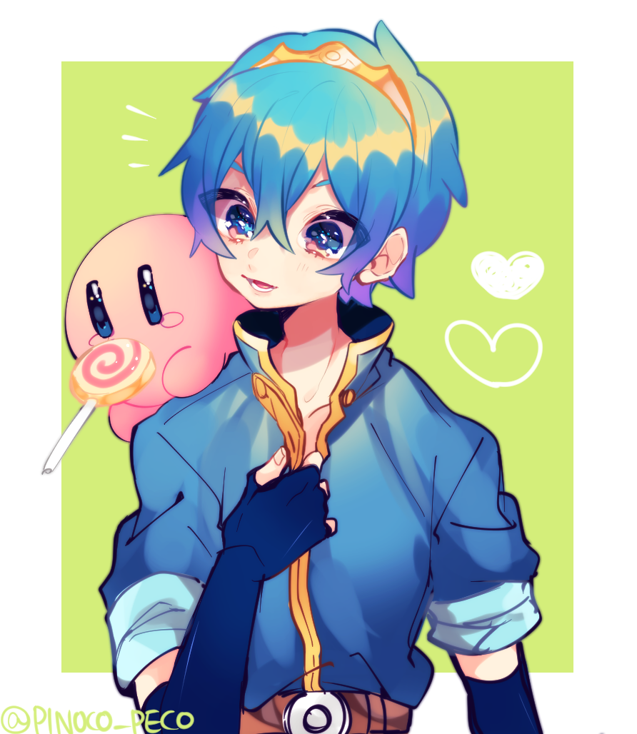 1boy 1other blue_eyes blue_hair candy cape fire_emblem fire_emblem:_mystery_of_the_emblem food gloves hal_laboratory_inc. hoshi_no_kirby intelligent_systems kirby kirby_(series) male_focus marth nintendo repikinoko short_hair smile sora_(company) super_smash_bros. super_smash_bros_melee tiara
