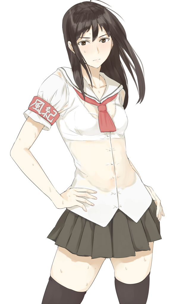 1girl armband black_eyes black_hair black_legwear blush bra hand_on_hip long_hair ogros original pleated_skirt school_uniform see-through serafuku shirt simple_background skirt solo sports_bra sweat thigh-highs underwear wet wet_clothes wet_shirt white_background white_bra