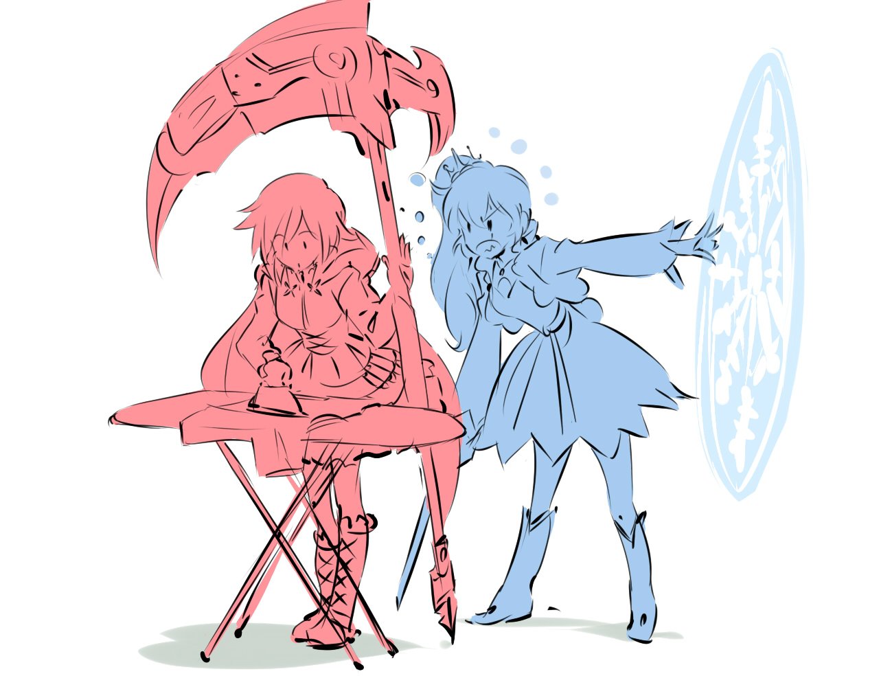 2girls angry color_connection crescent_rose glyph iesupa ironing ironing_board multiple_girls myrtenaster ruby_rose rwby weiss_schnee