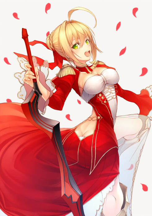 1girl :d aestus_estus ahoge bangs blonde_hair braid breasts dimples_of_venus dress eyebrows_visible_through_hair fate/extra fate_(series) french_braid from_side grey_background hair_between_eyes hair_bun holding holding_sword holding_weapon kyoeiki looking_at_viewer medium_breasts open_mouth petals red_dress rose_petals saber_extra sidelocks simple_background smile solo sword teeth twisted_torso weapon