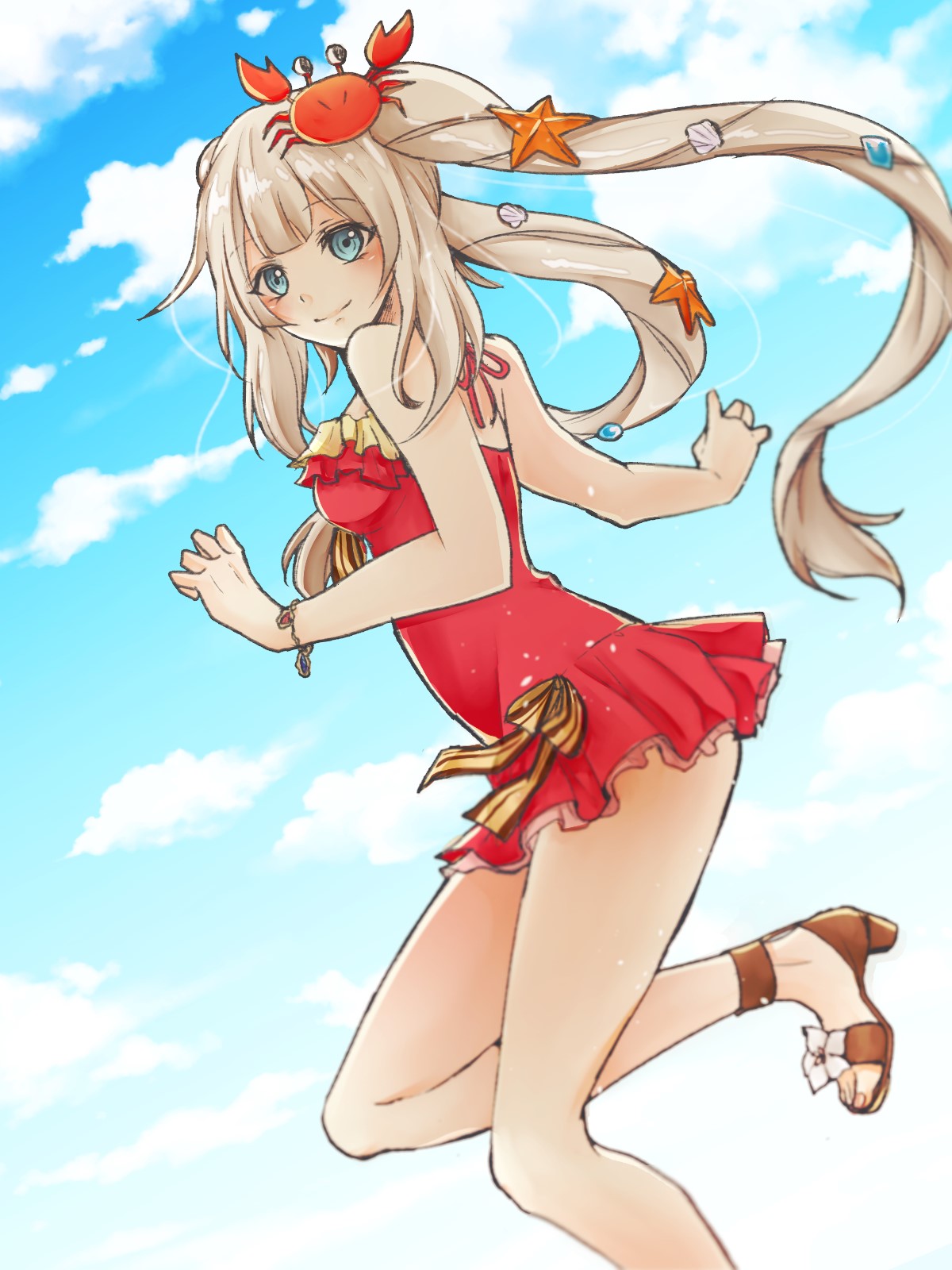 1girl bangs bare_arms bare_legs bare_shoulders blue_sky blunt_bangs blush bow bracelet breasts brown_shoes casual_one-piece_swimsuit closed_mouth clouds cloudy_sky commentary_request crab_hair_ornament day dutch_angle eyebrows_visible_through_hair eyes_visible_through_hair fate/grand_order fate_(series) frilled_swimsuit frills from_side halterneck hands_up high_heels highres jewelry leg_up light_brown_hair light_smile long_hair looking_at_viewer looking_to_the_side marie_antoinette_(fate/grand_order) marie_antoinette_(swimsuit_caster)_(fate) medium_breasts multicolored_bow one-piece_swimsuit open_toe_shoes outdoors parted_bangs red_swimsuit sandals sasaki_kuro seashell_hair_ornament shade shoes sidelocks sky solo standing standing_on_one_leg starfish_hair_ornament striped striped_bow swimsuit twintails very_long_hair wedge_heels