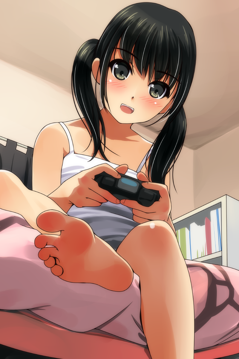 1girl barefoot black_eyes black_hair blush controller eyebrows_visible_through_hair game_controller highres indoors long_hair looking_at_viewer matsunaga_kouyou on_bed open_mouth original smile soles solo twintails