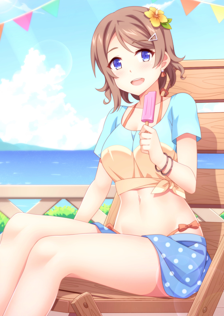 1girl :d bangle bangs bikini blue_eyes blush bow bracelet breasts brown_hair chair clouds collarbone day earrings eyebrows_visible_through_hair flower food from_side hair_flower hair_ornament head_tilt holding holding_food jewelry large_breasts lens_flare looking_at_viewer love_live! love_live!_sunshine!! mmrailgun navel open_mouth orange_bikini orange_bow outdoors polka_dot popsicle shirt short_sleeves sitting sky smile solo sunlight swept_bangs swimsuit swimsuit_under_clothes tied_shirt watanabe_you