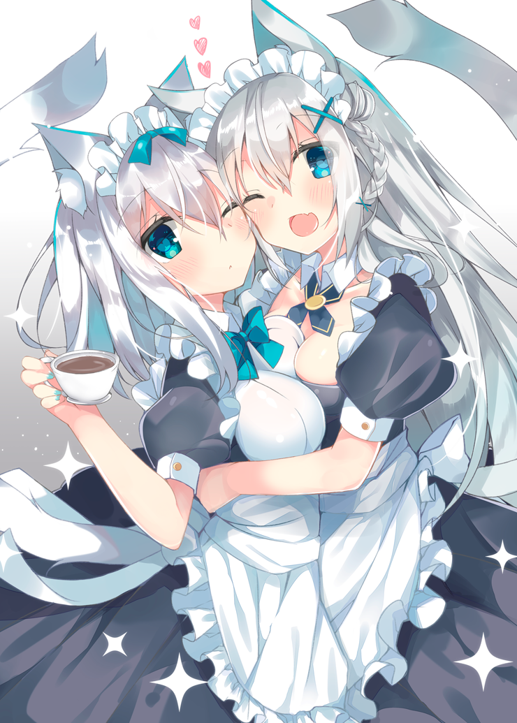 2girls ;&lt; ;d animal_ears apron aqua_nails asymmetrical_docking bangs blue_eyes blush bow bowtie braid breast_press breasts cat_ears cat_tail cheek-to-cheek coffee coffee_cup commentary_request cup detached_collar dress eyebrows_visible_through_hair fang fingernails french_braid gradient gradient_background grey_hair hair_between_eyes hair_ornament heart holding holding_cup hug long_hair looking_at_viewer maid maid_apron maid_headdress medium_breasts multiple_girls nail_polish one_eye_closed open_mouth original puffy_short_sleeves puffy_sleeves satsuki_mayuri short_sleeves siblings sisters smile sparkle tail wing_collar x_hair_ornament