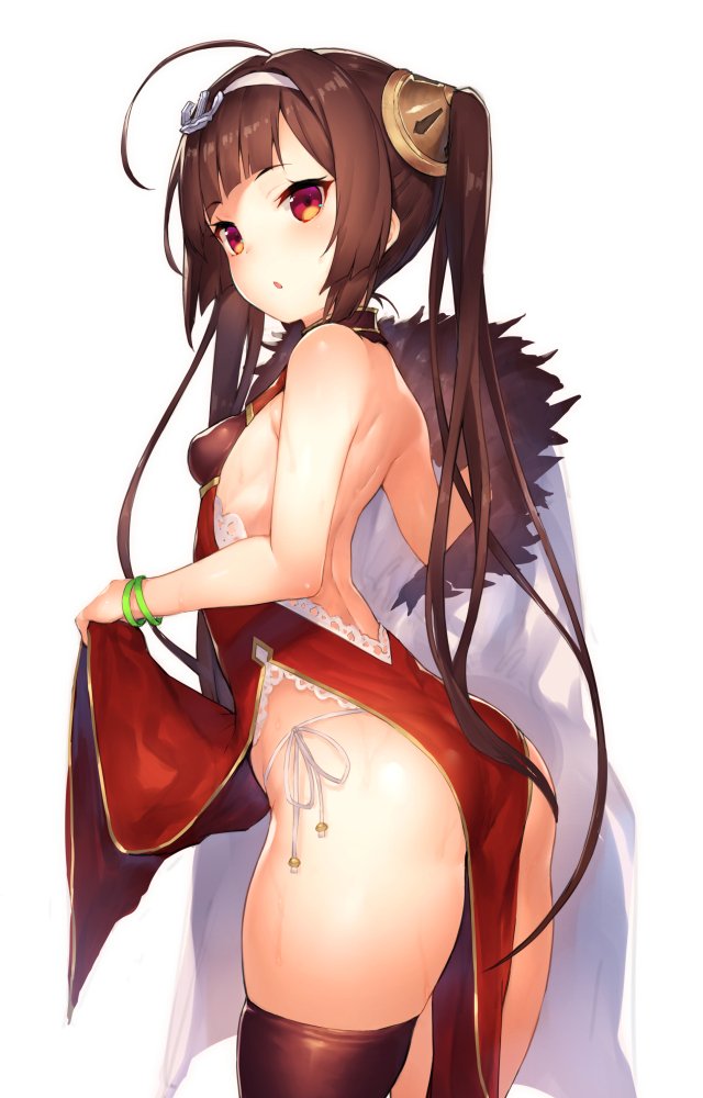 1girl ahoge ass azur_lane back bangs bare_arms bare_back black_legwear blunt_bangs bracelet breasts brown_hair china_dress chinese_clothes dress dress_lift from_behind fur_collar hair_ornament hairband inayama jewelry lifted_by_self long_hair open-back_dress panties ping_hai_(bilan_hangxian) red_dress red_eyes side-tie_panties side_slit simple_background single_thighhigh small_breasts solo standing thigh-highs twintails underwear very_long_hair white_background white_hairband