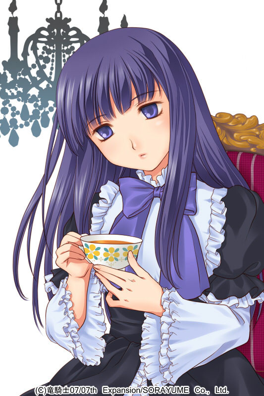 1girl bangs blue_eyes blue_hair blunt_bangs bow closed_mouth copyright_name cup dress expressionless frederica_bernkastel frilled_dress frilled_sleeves frills holding izumi_natsuka lolita_fashion long_hair long_sleeves sitting solo tea teacup umineko_no_naku_koro_ni