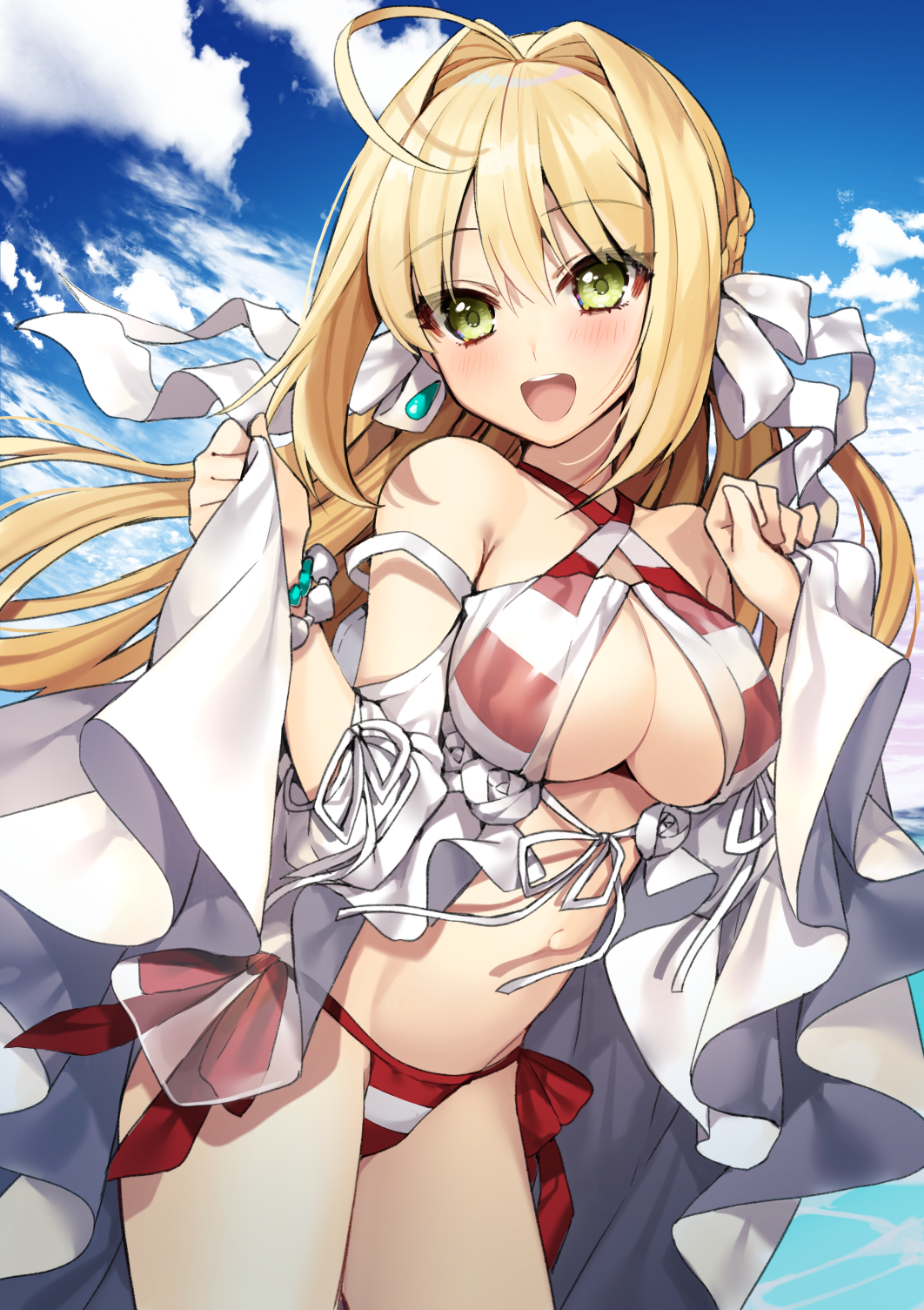 1girl ahoge bangs bare_shoulders bead_bracelet beads bikini blonde_hair blue_sky blush bracelet braid breasts cleavage clothes_lift clouds cloudy_sky commentary cowboy_shot day eyebrows_visible_through_hair fate/grand_order fate_(series) french_braid gambe green_eyes hair_intakes hair_ribbon hands_up highres jewelry large_breasts leaning_forward long_hair looking_at_viewer navel nero_claudius_(swimsuit_caster)_(fate) open_mouth outdoors red_bikini revision ribbon saber_extra see-through side-tie_bikini sidelocks sky smile solo striped striped_bikini swimsuit teeth tsurime white_ribbon