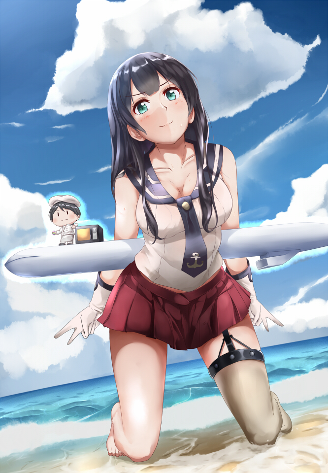 1boy 1girl agano_(kantai_collection) barefoot beach black_hair blush breasts brown_legwear butter_curry character_request cleavage closed_mouth collarbone day eyebrows_visible_through_hair garter_straps gloves green_eyes kantai_collection kneeling large_breasts long_hair looking_at_viewer ocean outdoors red_skirt skirt smile thigh-highs white_gloves