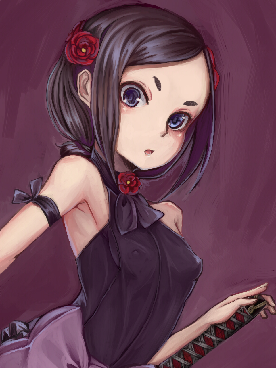 1girl armband bare_shoulders black_hair blue_eyes breasts flower hair_flower hair_ornament highres katana looking_at_viewer miki_nezumi nipples open_mouth princess_principal small_breasts solo standing sword toudou_chise weapon