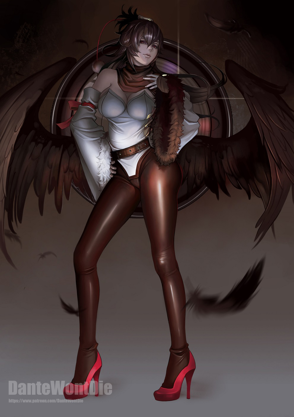 1girl ass bare_shoulders belt black_hair black_wings breasts cleavage dantewontdie detached_sleeves feathered_wings feathers hand_on_hip high_heels highres leotard looking_at_viewer red_eyes shameimaru_aya solo touhou watermark web_address wings