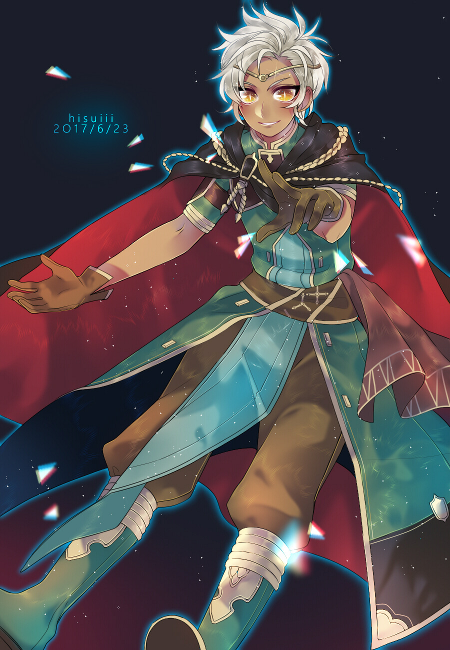 1boy boey_(fire_emblem) cape fire_emblem fire_emblem_echoes:_mou_hitori_no_eiyuuou fire_emblem_gaiden gloves highres looking_at_viewer silver_hair simple_background smile solo spiky_hair yellow_eyes
