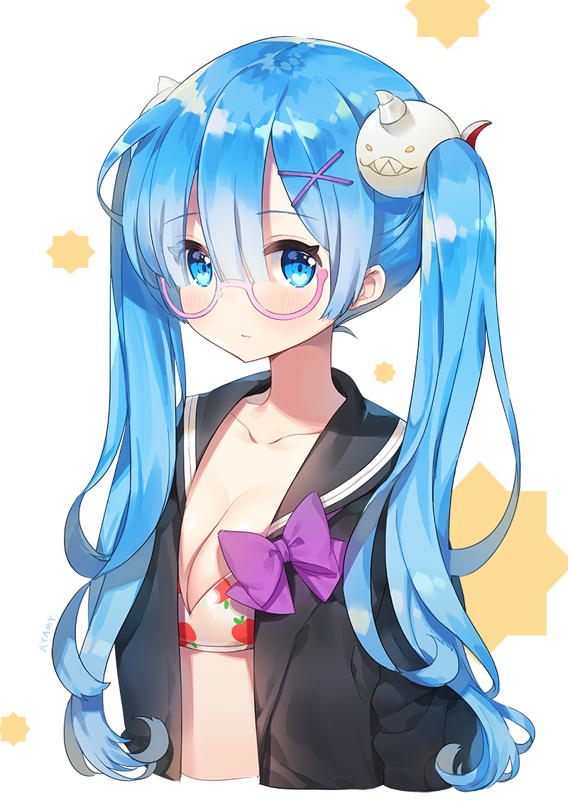 1girl artist_name ayami_(annahibi) bangs black_serafuku blue_eyes blue_hair breasts closed_mouth collarbone cropped_torso eyebrows_visible_through_hair food_print glasses hair_ornament hakugei_(re:zero) long_hair looking_at_viewer medium_breasts pink-framed_eyewear re:zero_kara_hajimeru_isekai_seikatsu rem_(re:zero) school_uniform semi-rimless_glasses serafuku signature solo strawberry_print tsurime twintails under-rim_glasses upper_body wavy_hair x_hair_ornament