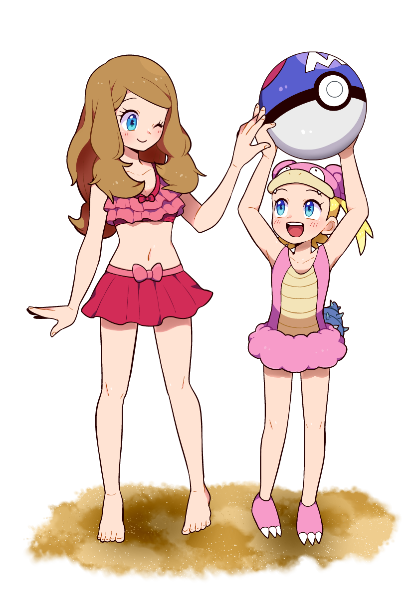 2girls ball beachball blonde_hair blue_eyes brown_eyes cosplay eureka_(pokemon) highres long_hair master_ball moyori multiple_girls one-piece_swimsuit poke_ball pokemon pokemon_(anime) serena_(pokemon) slowpoke slowpoke_(cosplay) swimsuit