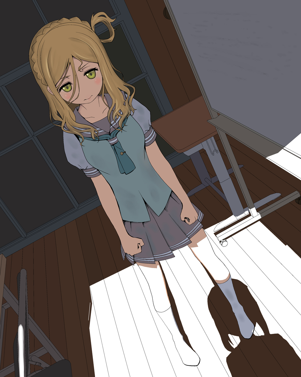 &gt;:s 2girls :s aqua_neckerchief blonde_hair blush braid clenched_hands closed_mouth collarbone crown_braid desk dutch_angle eyebrows female_pov floor frown full_body green_eyes grey_sailor_collar grey_skirt hair_between_eyes hair_rings highres indoors lapel_pin light long_hair looking_at_another love_live! love_live!_sunshine!! matsuura_kanan messy_hair mocha_(snowflake) multiple_girls neckerchief no_nose no_shoes ohara_mari pleated_skirt pov puffy_short_sleeves puffy_sleeves sailor_collar school_desk school_uniform serafuku shadow short_sleeves skirt sleeve_cuffs sliding_doors socks standing uranohoshi_school_uniform wavy_hair wet wet_clothes wet_hair wet_legwear wet_socks white_legwear whiteboard wooden_floor