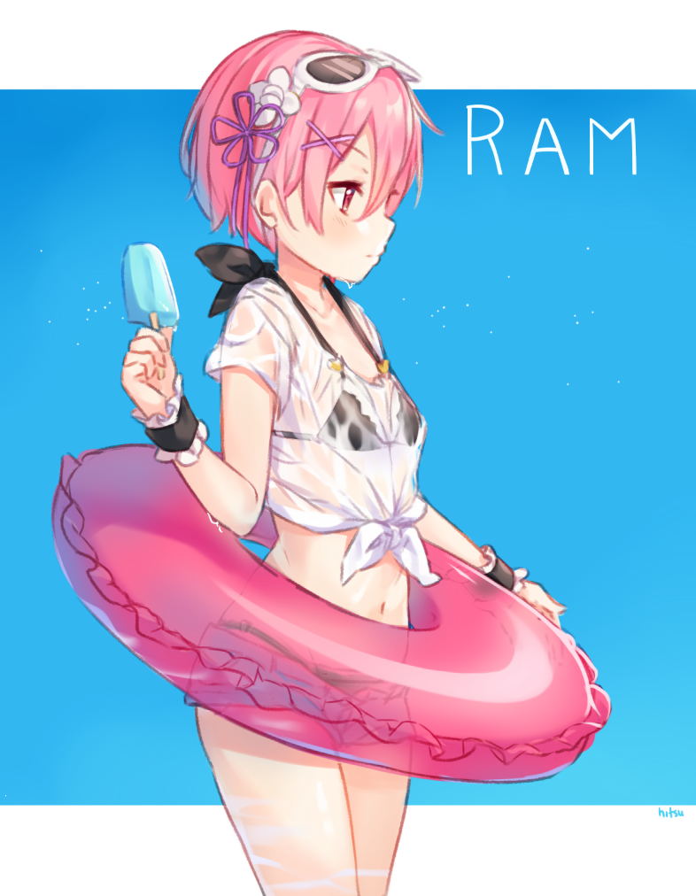 1girl bikini black_bikini breasts character_name cowboy_shot food from_side hair_between_eyes hair_flaps hair_ornament hitsukuya innertube navel outside_border pink_hair popsicle profile ram_(re:zero) re:zero_kara_hajimeru_isekai_seikatsu see-through shirt short_hair small_breasts solo sunglasses sunglasses_on_head swimsuit tied_shirt wet wet_clothes wet_shirt wrist_cuffs x_hair_ornament