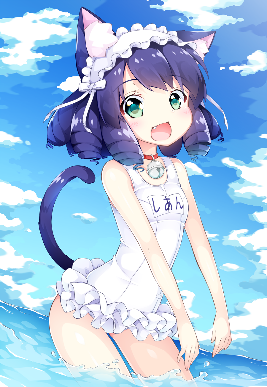 1girl :d animal_ears bangs bare_arms bare_shoulders bell blue_sky blush bow breasts cat_ears cat_girl cat_tail clouds curly_hair cyan_(show_by_rock!!) day eyebrows_visible_through_hair fang frilled_swimsuit frills green_eyes hairband highres inumine_aya jingle_bell lolita_hairband long_hair looking_at_viewer name_tag ocean one-piece_swimsuit open_mouth outdoors purple_hair school_swimsuit show_by_rock!! sky small_breasts smile solo sparkling_eyes swimsuit tail wading water white_bow white_school_swimsuit white_swimsuit