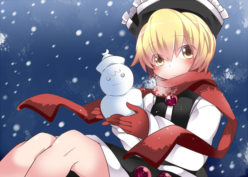 1girl black_skirt black_vest blonde_hair blue_background blush commentary_request expressionless eyebrows_visible_through_hair eyes_visible_through_hair gloves hammer_(sunset_beach) holding knees_up looking_at_viewer lunasa_prismriver red_gloves red_scarf scarf short_hair sitting skirt snowing snowman solo touhou vest