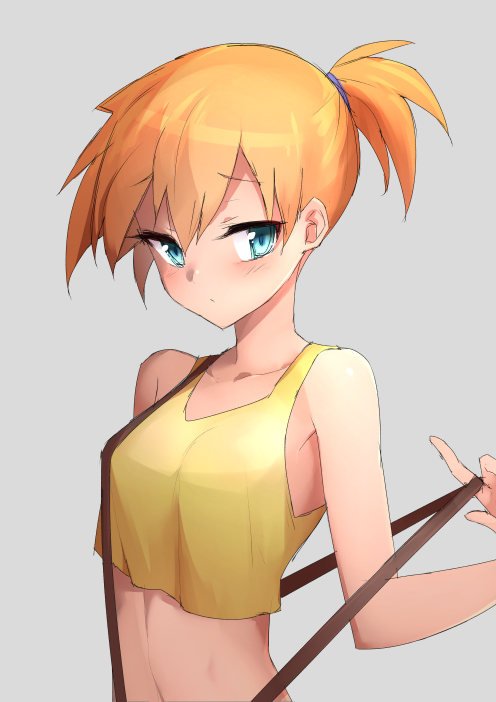 1girl bangs blush closed_mouth collarbone eyebrows_visible_through_hair grey_background hand_up kasumi_(pokemon) looking_to_the_side orange_hair pokemon ponytail short_hair simple_background solo suspenders suspenders_pull tank_top tsurime upper_body waero