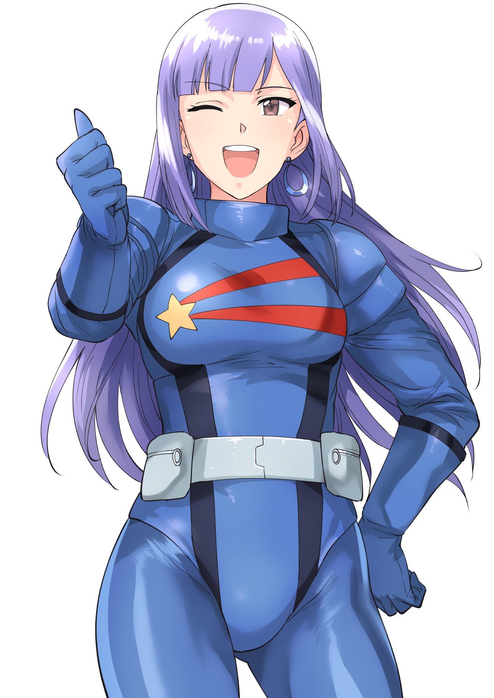1girl bangs blunt_bangs blunt_ends breasts earrings female gundam gundam_zz hand_on_hip highres jewelry long_hair one_eye_closed open_mouth pilot_suit purple_hair roux_louka smile solo thumbs_up tsurui violet_eyes