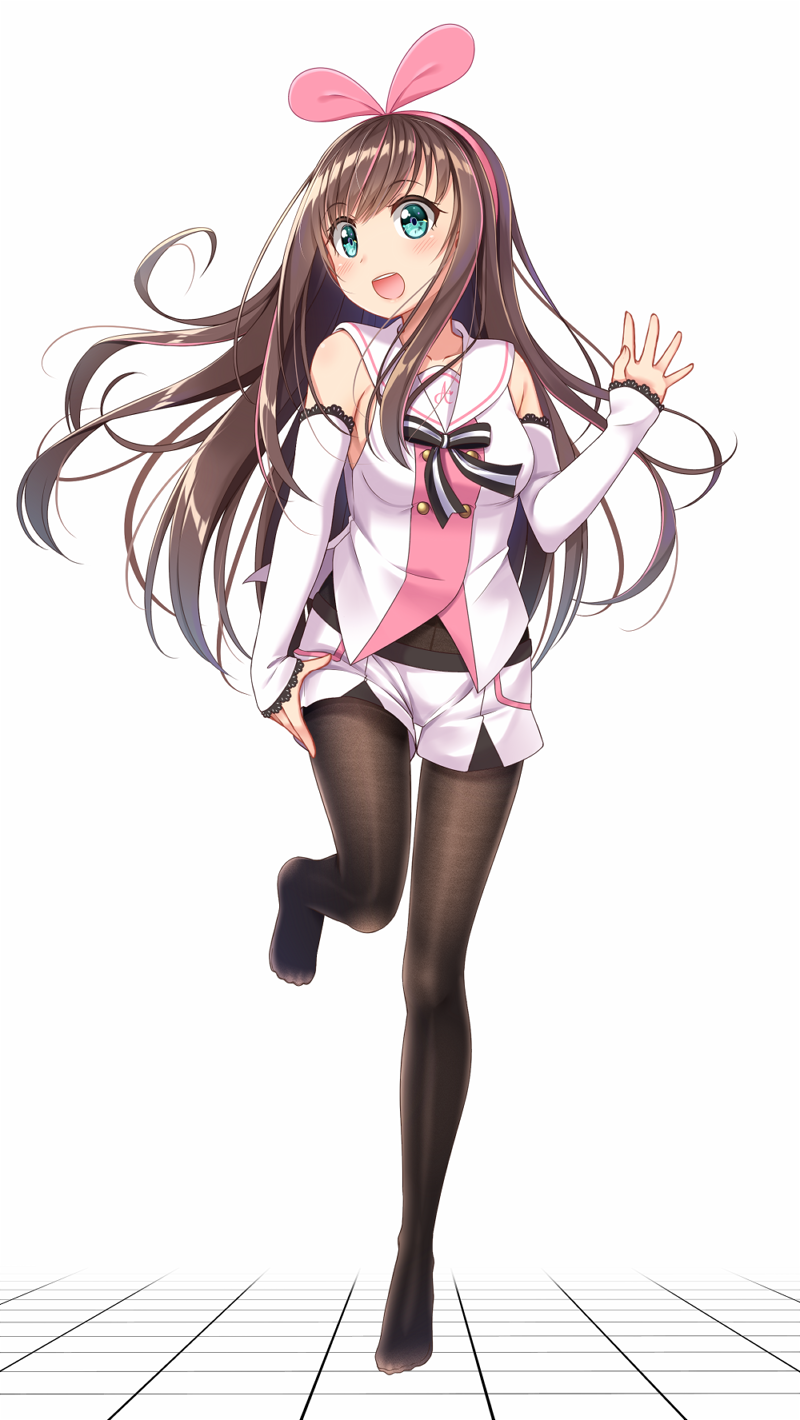 1girl a.i._channel aqua_eyes arm_warmers bangs black_legwear blush bow brown_hair detached_sleeves eyebrows_visible_through_hair floating_hair full_body hair_bow hairband highres kizuna_ai long_hair looking_at_viewer multicolored_hair open_mouth pantyhose pink_bow pink_hair sailor_collar short_shorts shorts sidelocks smile solo standing standing_on_one_leg streaked_hair tareme unacchi_(nyusankin) vest white_shorts