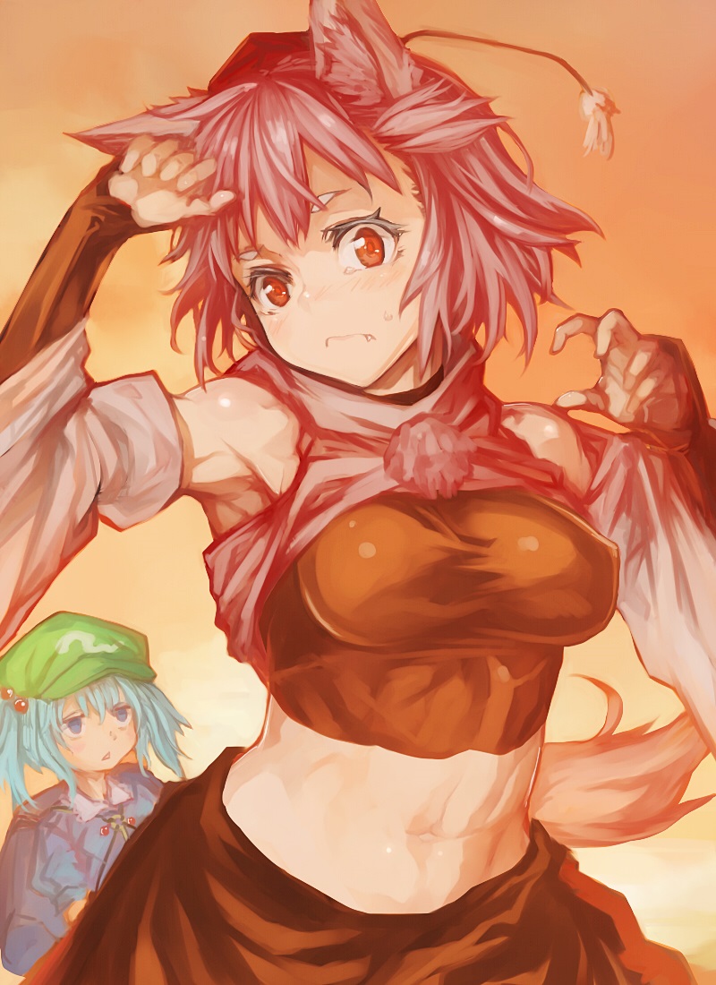 2girls blue_eyes blue_hair blush breasts cleavage closed_mouth cookie_(touhou) eyebrows fang green_hat hair_bobbles hair_ornament hat inubashiri_momiji kawashiro_nitori kofji_(cookie) large_breasts looking_at_another looking_at_viewer multiple_girls navel parted_lips red_eyes short_hair short_twintails solidstatesurvivor touhou triangle_mouth twintails white_hair